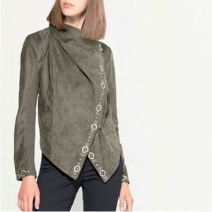 Driftwood Olive Green Faux Suede Moto Asymmetrical Zip Embroidered Jacket